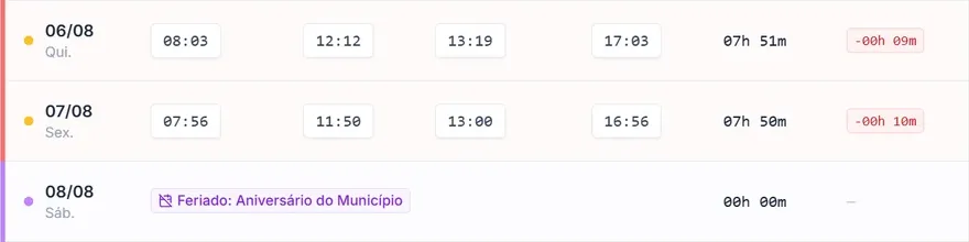 Trecho do espelho de ponto em que o sábado aparece como feriado de aniversário do município